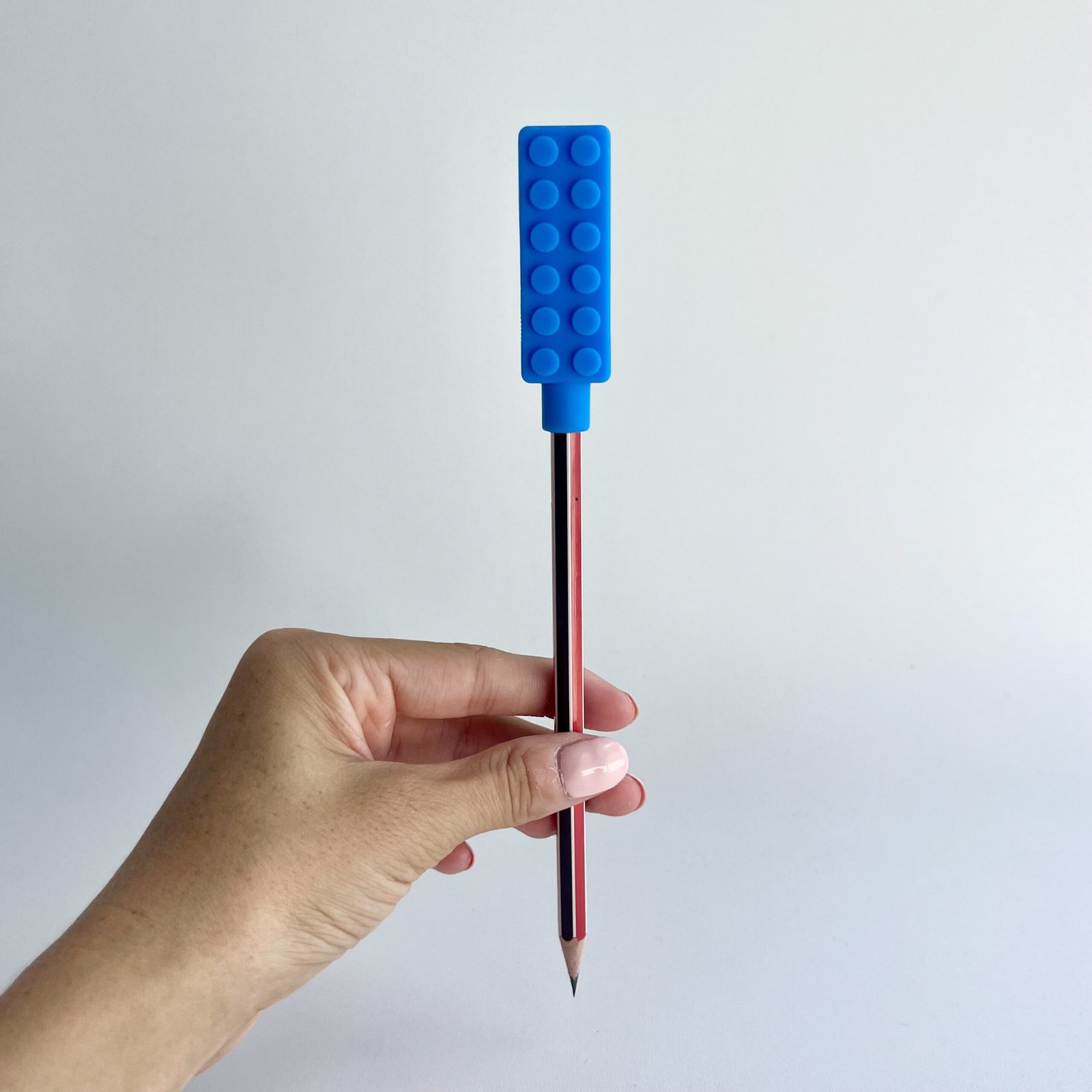 Blue LEGO-style chewable pencil topper – sensory chew tool for classroom use