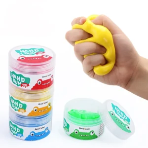 person-sqeezing-yellow-therapy-putty Set of four colourful Hand Gum therapy putty containers in blue, pink, yellow, and green, displayed on a white background, highlighting different resistance levels.