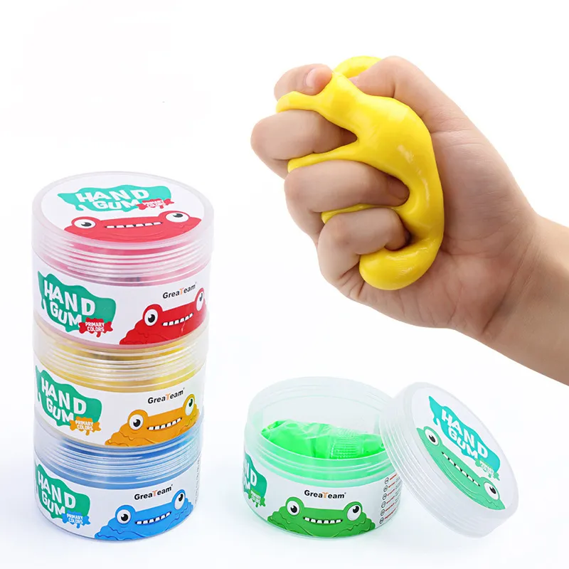 person-sqeezing-yellow-therapy-putty Set of four colourful Hand Gum therapy putty containers in blue, pink, yellow, and green, displayed on a white background, highlighting different resistance levels.