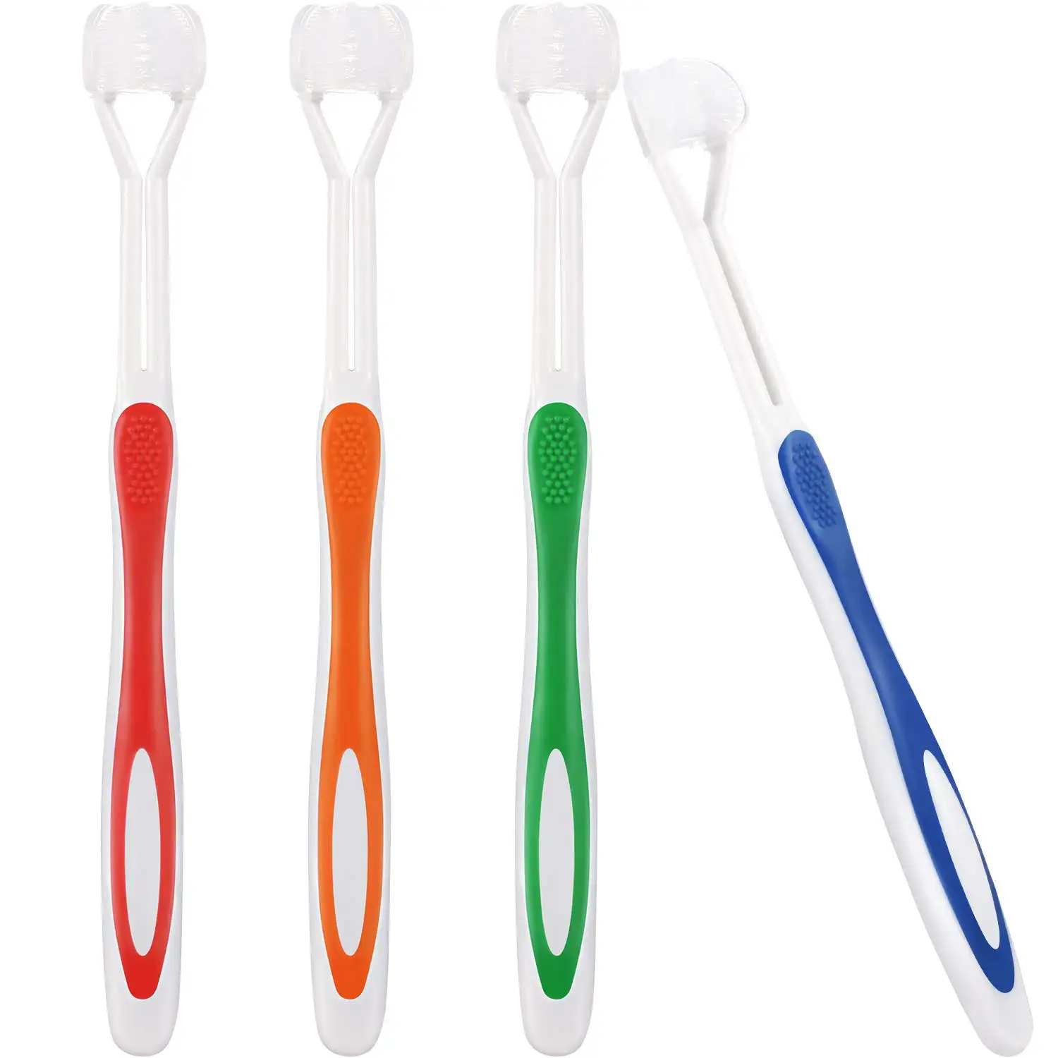 sensory-toothbrush-colours Four sensory 3-sided toothbrushes in red, orange, green, and blue, standing upright or leaning, designed for easy oral care.