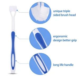 sensory-toothbrush-details A blue 3-sided toothbrush with detailed callouts highlighting its unique triple-sided brush head, ergonomic grip, and long-life handle for effective cleaning.