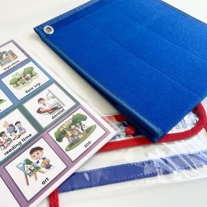 visual-schedule-kit Close-up of the blue felt tabletop visual schedule with a stack of activity cards, including images for 'toys store', 'dentist', 'zoo', and 'art', next to a clear storage pouch.