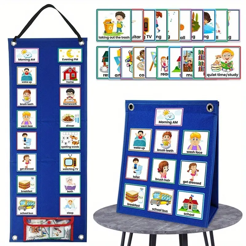 visual-schedule Children's Daily Routine Visual Schedule kit with a hanging blue felt board for morning and evening routines, a tabletop blue felt board, and many colourful activity cards spread out.