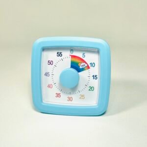 Light blue square visual countdown timer with a white face, black numbers, and a central light blue knob, showing a rainbow segment for 10 minutes.