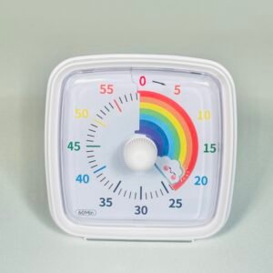 White square visual clock timer showing a colourful rainbow countdown, set to 60 minutes, with a central white knob. Ideal for kids with autism or ADHD to manage time.