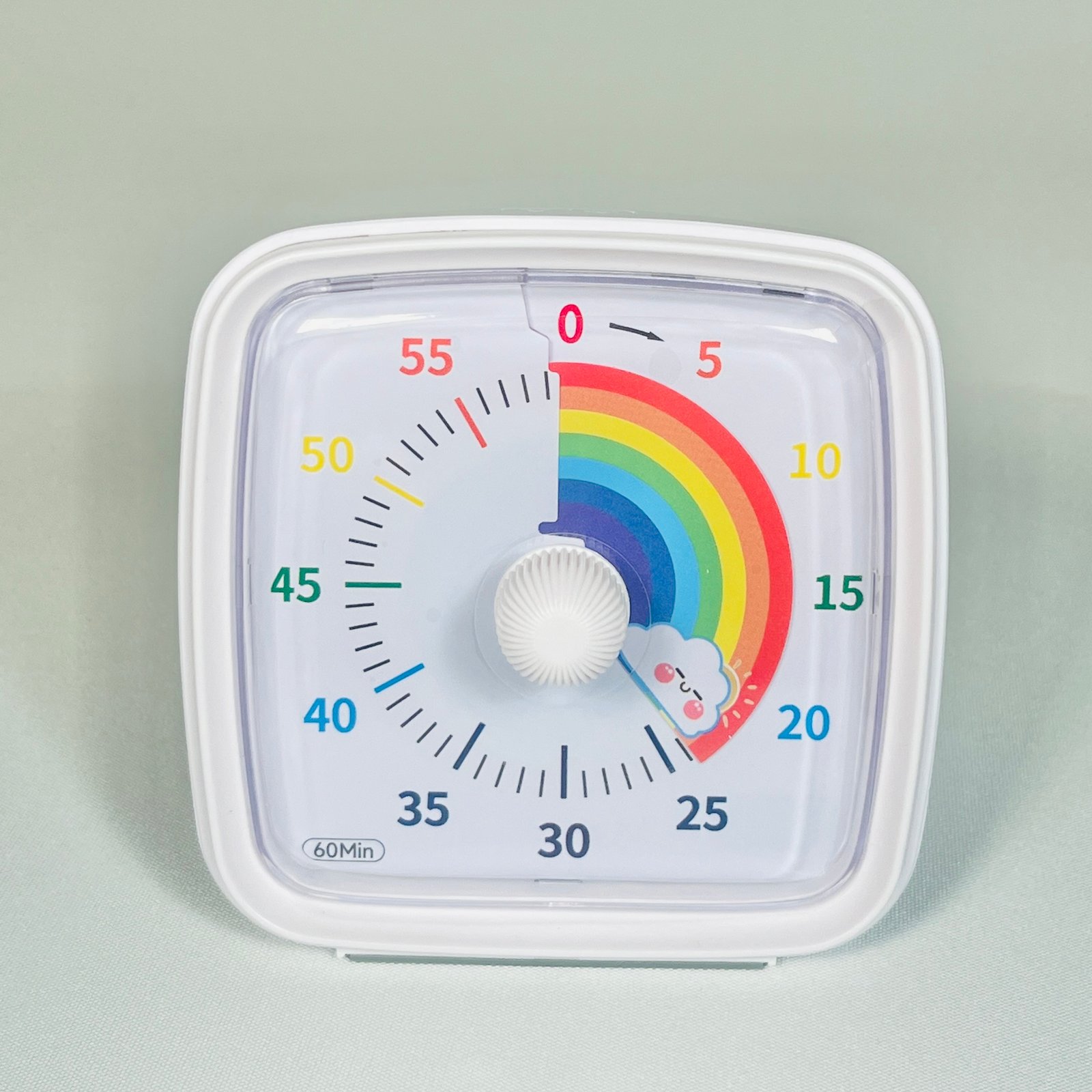 White square visual clock timer showing a colourful rainbow countdown, set to 60 minutes, with a central white knob. Ideal for kids with autism or ADHD to manage time.
