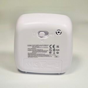 img_1900 Back of the white visual timer, detailing compliance labels, manufacturer information, and a switch for light and sound settings.