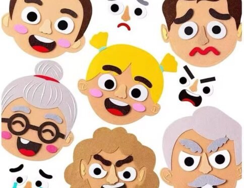 Collection of felt pieces for Emotion Felt Faces, showing various facial features like happy, sad, angry, and surprised expressions with different hair colours and skin tones, plus individual eyes, noses, and mouths.