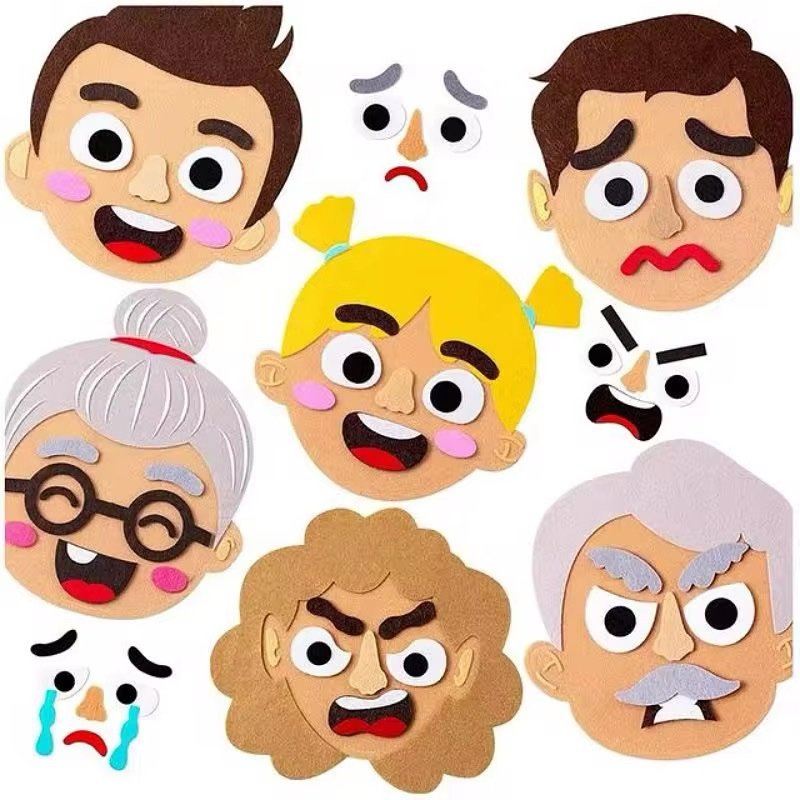 Collection of felt pieces for Emotion Felt Faces, showing various facial features like happy, sad, angry, and surprised expressions with different hair colours and skin tones, plus individual eyes, noses, and mouths.