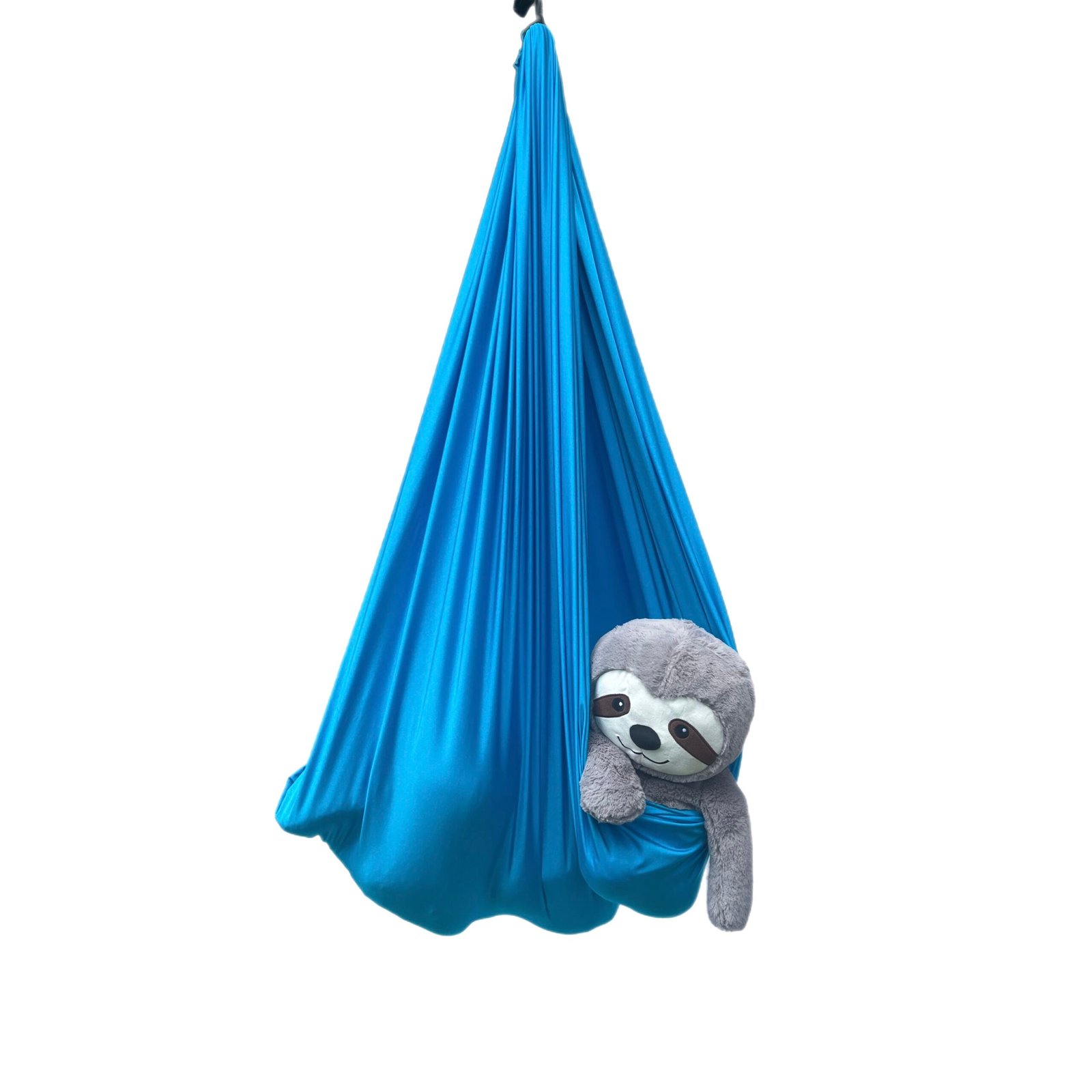 Blue lycra sensory swing with sloth toy tucked inside