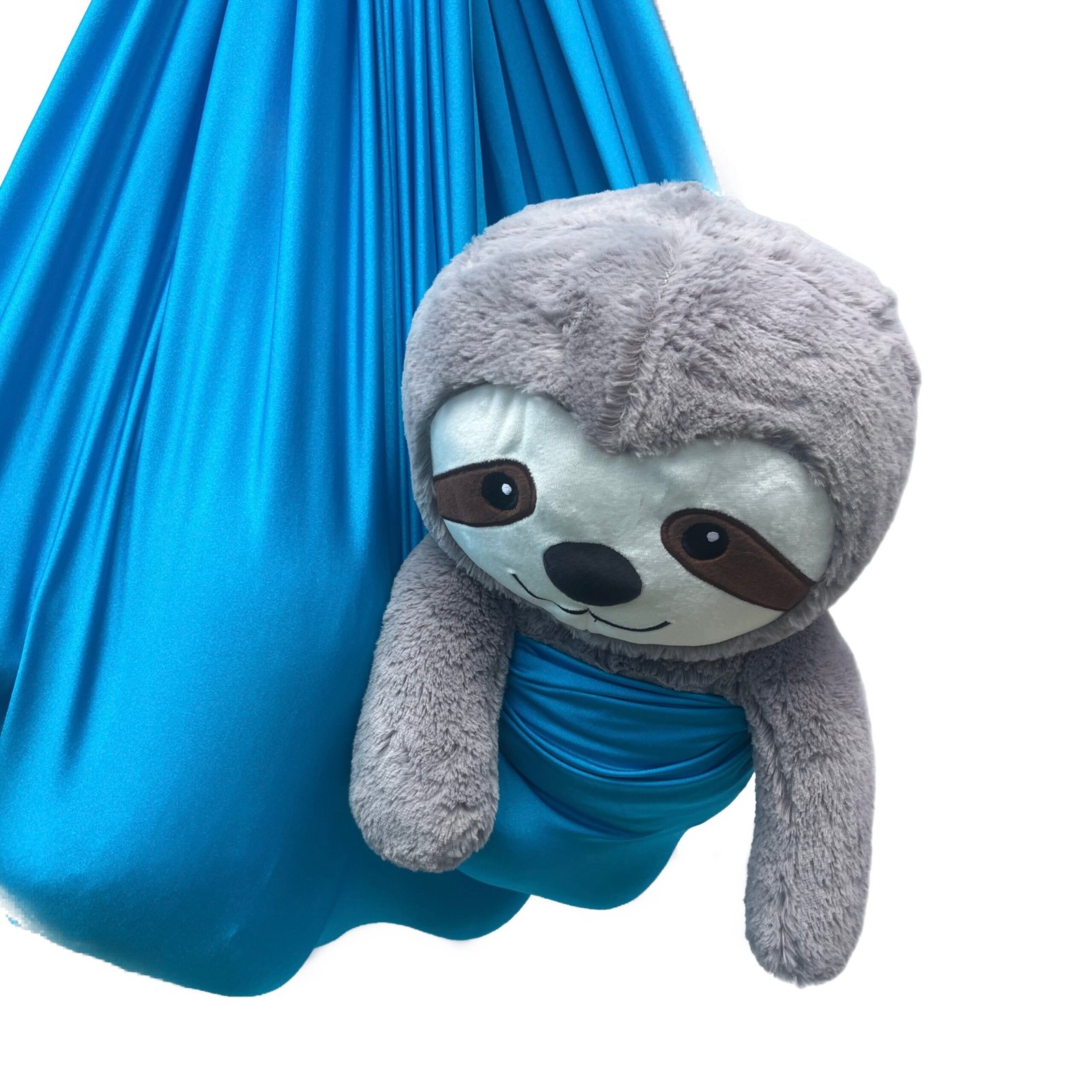 Lycra sensory swing in blue with soft sloth toy zoomed in